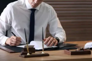 An Orlando lawyer specializing in multiple DUI charges sits at his desk taking notes.