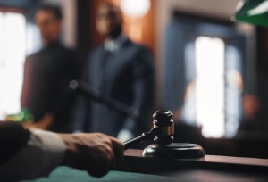 A lawyer and his client standing before a judge during a hearing.