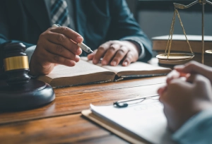 A criminal defense lawyer pointing at his client with a pen while explaining law from a book.