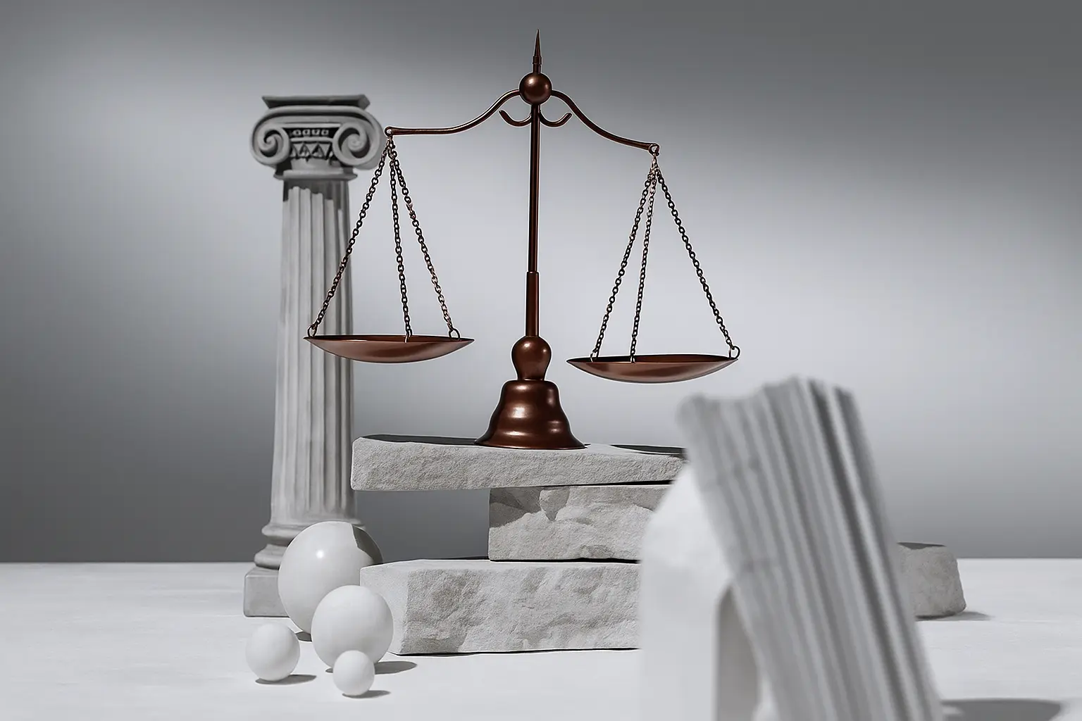 Legal scales placed on top of stones in front of a column